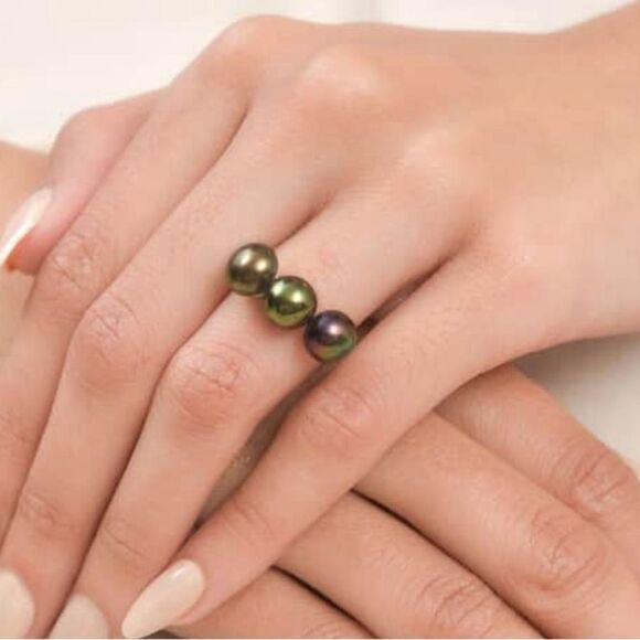 NWT Chocolate Bronze Pearls 3 Stone Ring in Sterling Silver 10 - Picture 15 of 16